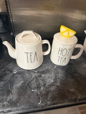 Rae Dunn White Ceramic TEA Teapot and HOT TEA Mug with Yellow Lemon Lid